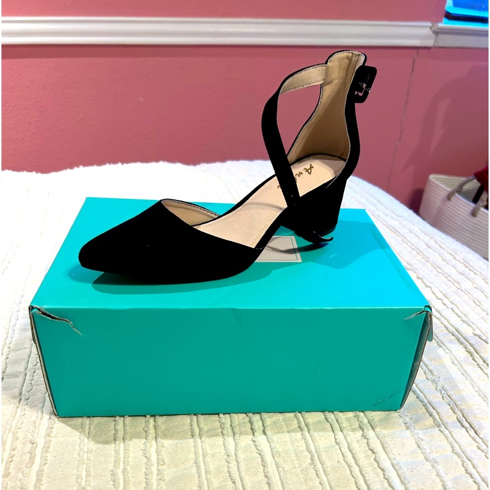 Low Block Chunky Women Pumps with Ankle Strap -2.25 Inch black suede material.
